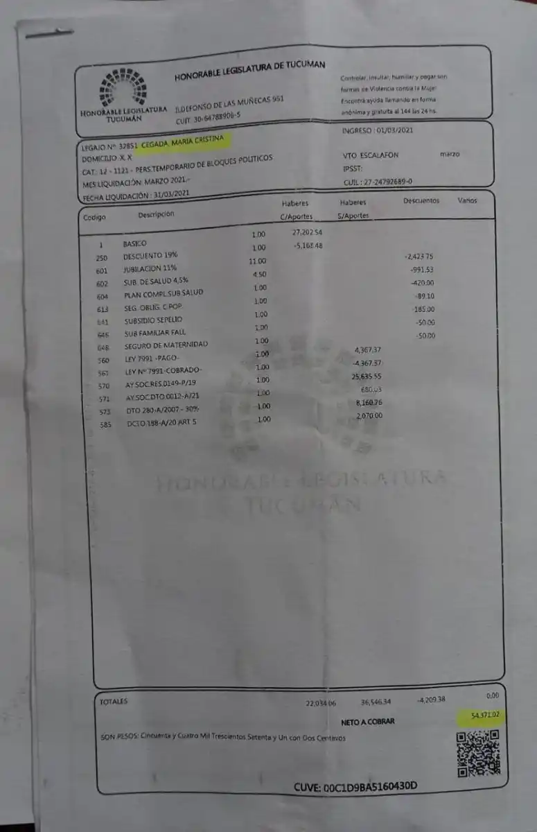 RECIBO DE SUELDO. Cegada difundió el detalle de los haberes correspondientes por su labor en la Legislatura.