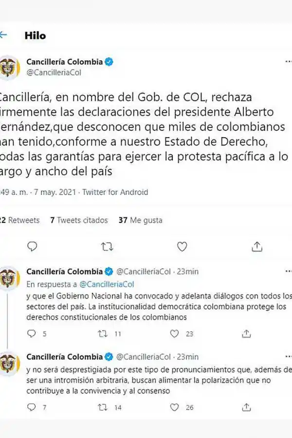 El gobierno de Colombia rechazó la crítica de Alberto Fernández sobre las protestas