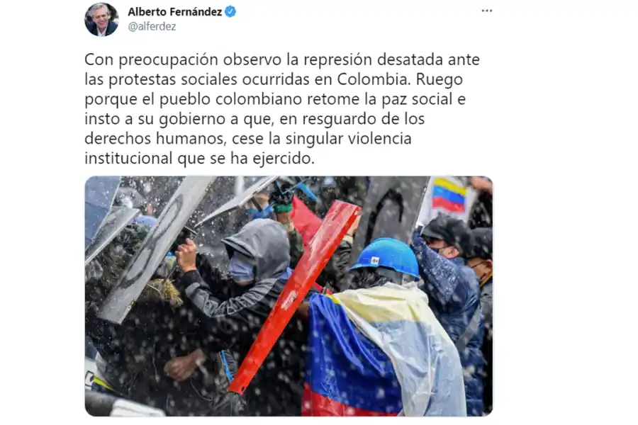 El gobierno de Colombia rechazó la crítica de Alberto Fernández sobre las protestas