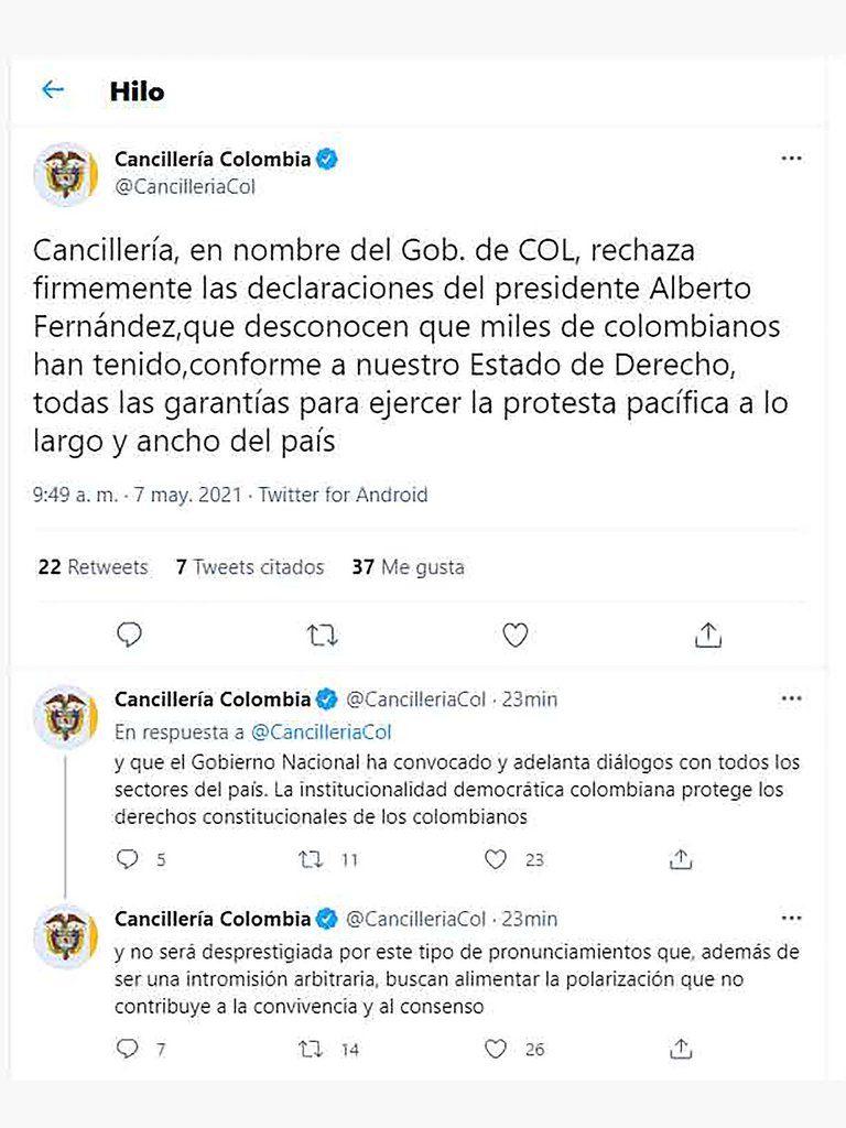 El gobierno de Colombia rechazó la crítica de Alberto Fernández sobre las protestas