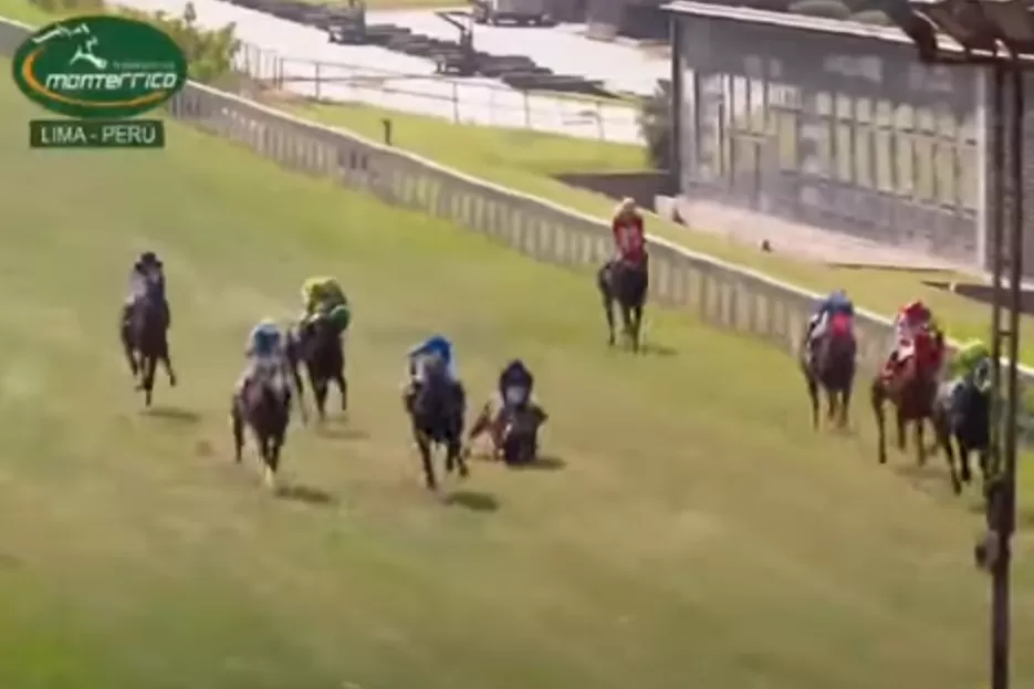 TRÁGICA RODADA EN PERÚ. El caballo Como Cañón (en el centro) se fracturó y el jinete Juan Eugenio Enríquez salió despedido para adelante. El jockey de 27 años perdió la vida prácticamente en el acto. 