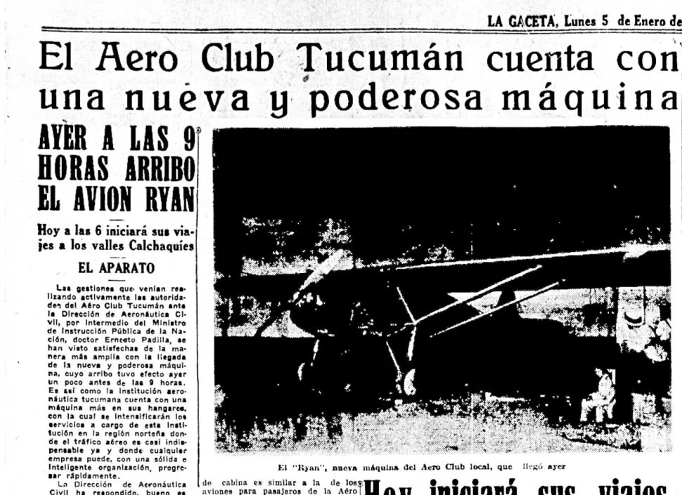  ENERO DE 1931. El avíon acaba de llegar a nuestra provincia para incorporarse a la flota del Aero Club tucumano.
