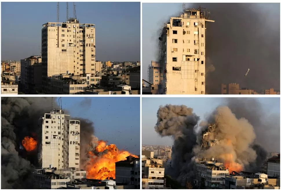 ANTES Y DESPUÉS. Un edificio que fue destruido por los ataques aéreos israelíes Gaza. 