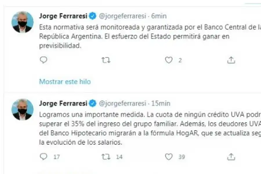 Ferraresi anunció subsidios para créditos UVAs