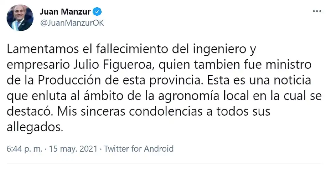 Tucumán: falleció por coronavirus el ingeniero Julio Alberto Figueroa, ex ministro de la Producción