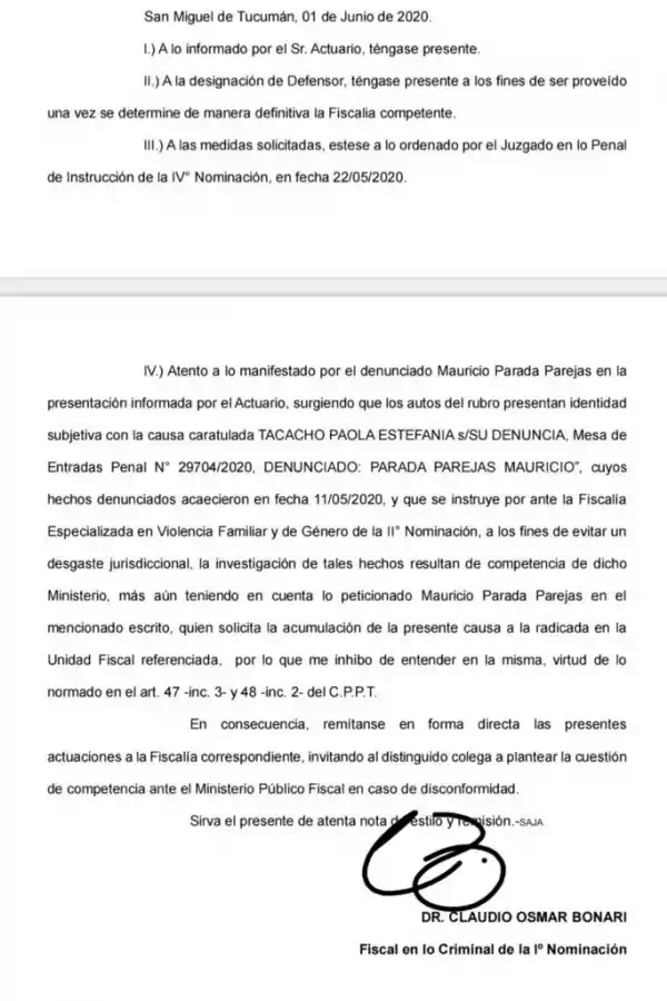 FACSÍMIL DEL 1/6/20. Dictamen de acumulación del caso N°10 con el N°9.