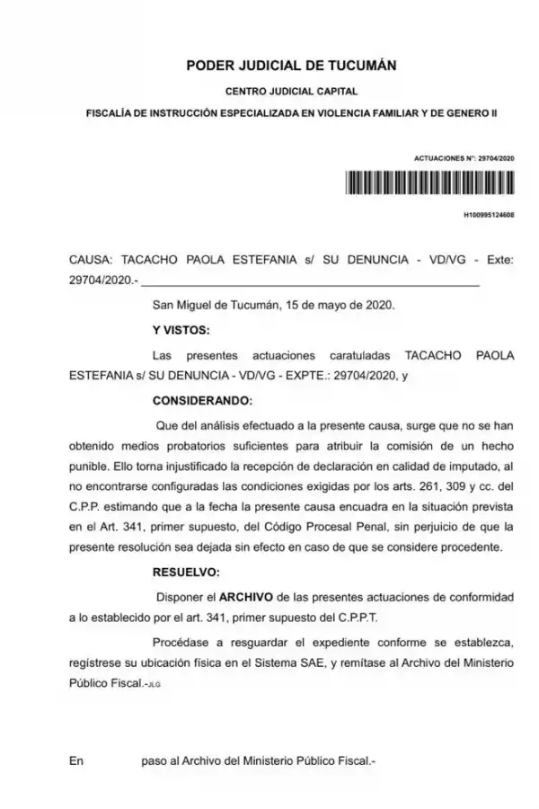 FACSÍMIL DEL 15/5/20. Dictamen de archivo de la causa N°9 de Tacacho.
