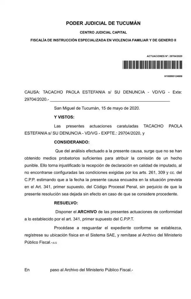FACSÍMIL DEL 15/5/20. Dictamen de archivo de la causa N°9 de Tacacho.