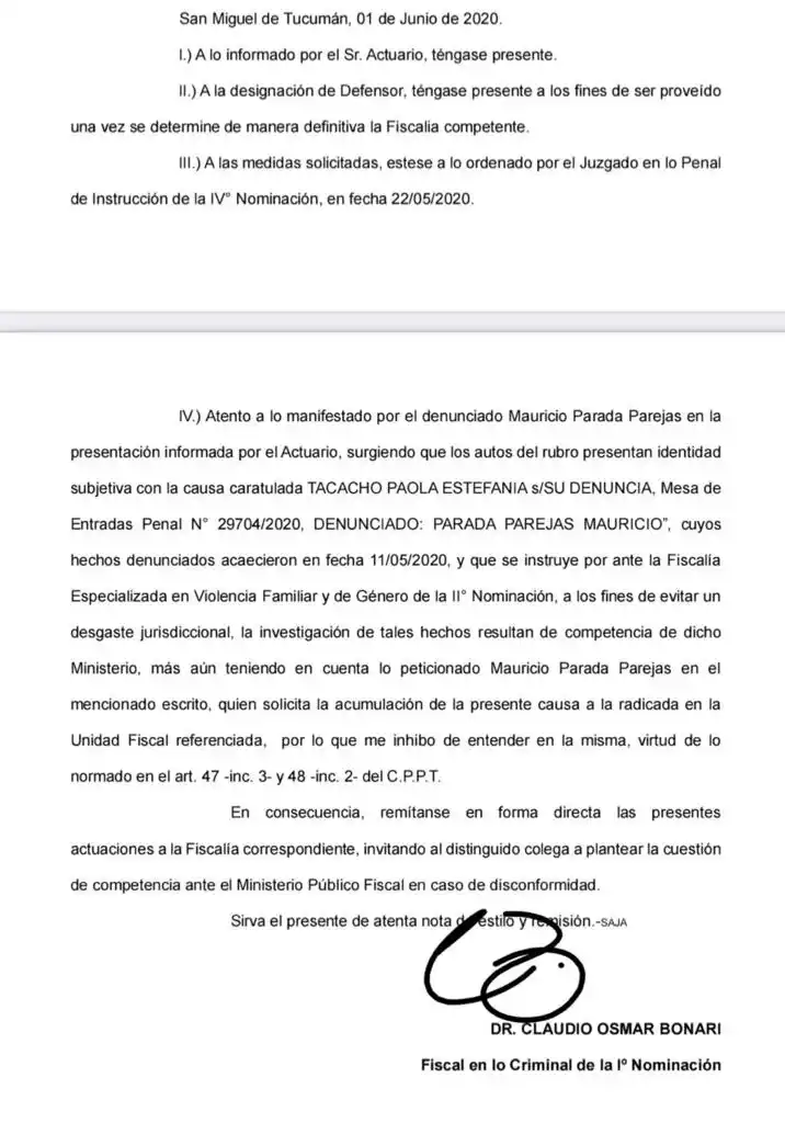 FACSÍMIL DEL 1/6/20. Dictamen de acumulación del caso N°10 con el N°9.