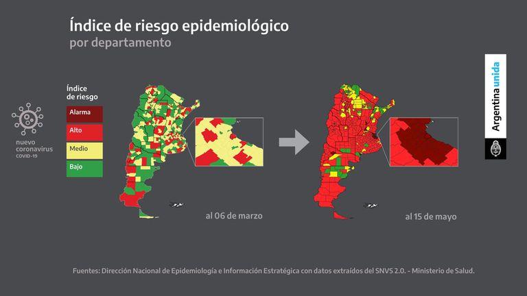 TUCUMAN, EN ZONA DE ALTO RIESGO. El mapa que mostró el Presidente para exhibir la evolución de los contagios en todo el país. LA GACETA