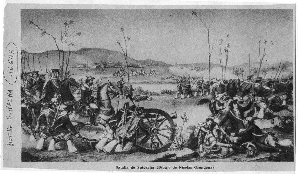 CON TROPAS TUCUMANAS. Dibujo de Nicolás Grondona sobre la batlla de Suipacha, un triunfo de los revolucionarios.