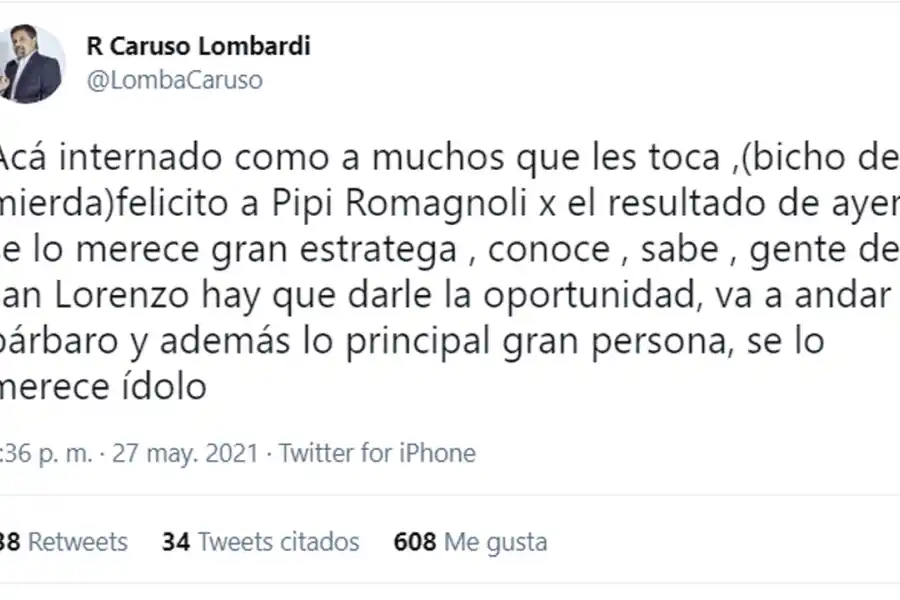 Ricardo Caruso Lombardi fue internado por un cuadro de coronavirus