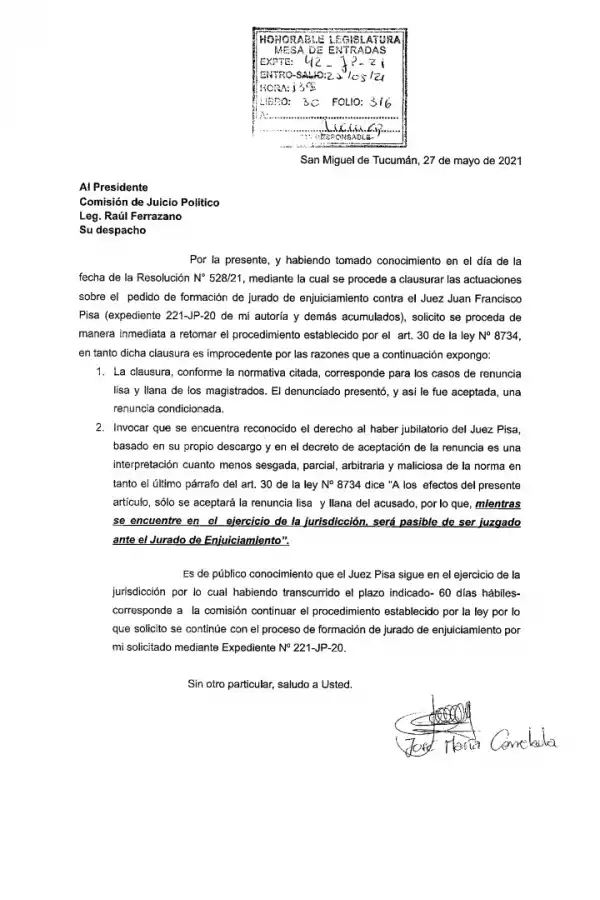 Un legislador pide que se reactive el proceso de remoción contra Pisa por el caso Tacacho