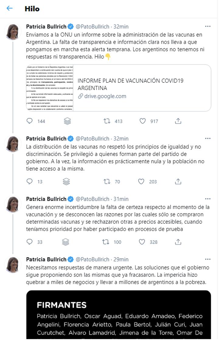 Patricia Bullrich denunció ante la ONU irregularidades en la vacunación argentina