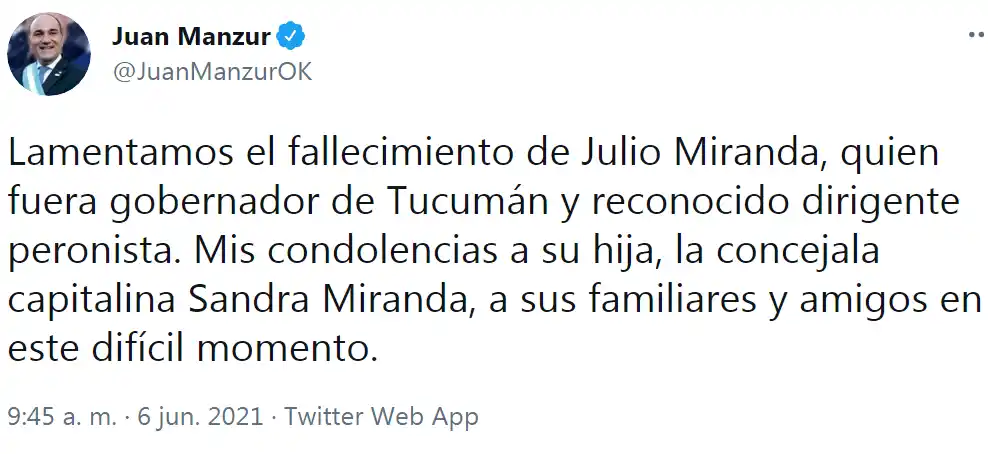 Juan Manzur: lamentamos el fallecimiento de Julio Miranda