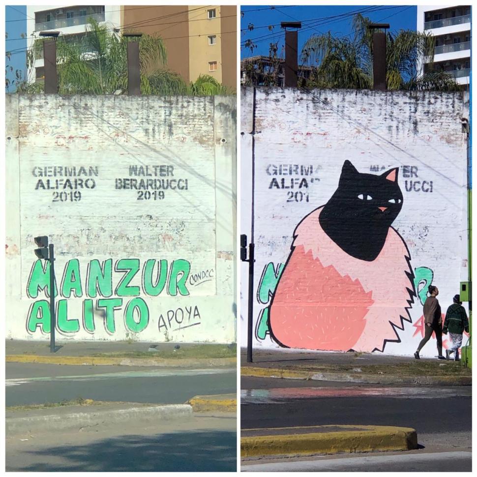 LA OBRA ORIGINAL. El gato con rostro negro se impuso en el paredón de San Martín y Ejército del Norte. 