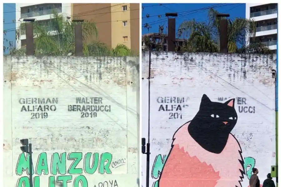 LA OBRA ORIGINAL. El gato con rostro negro se impuso en el paredón de San Martín y Ejército del Norte. 