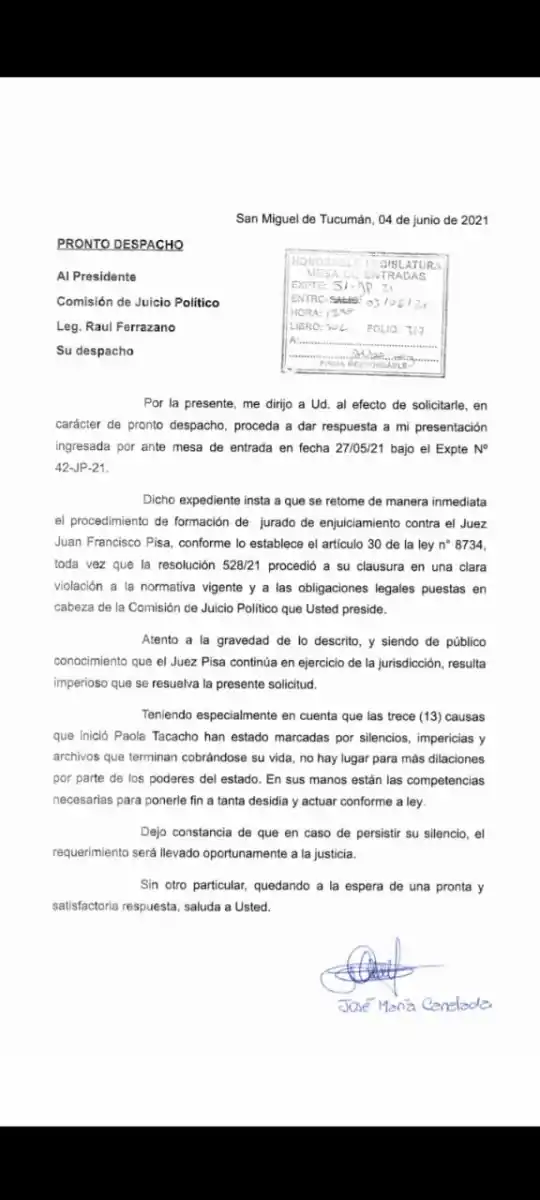 Causa Tacacho: piden a la comisión de Juicio Político que retome el proceso contra Pisa