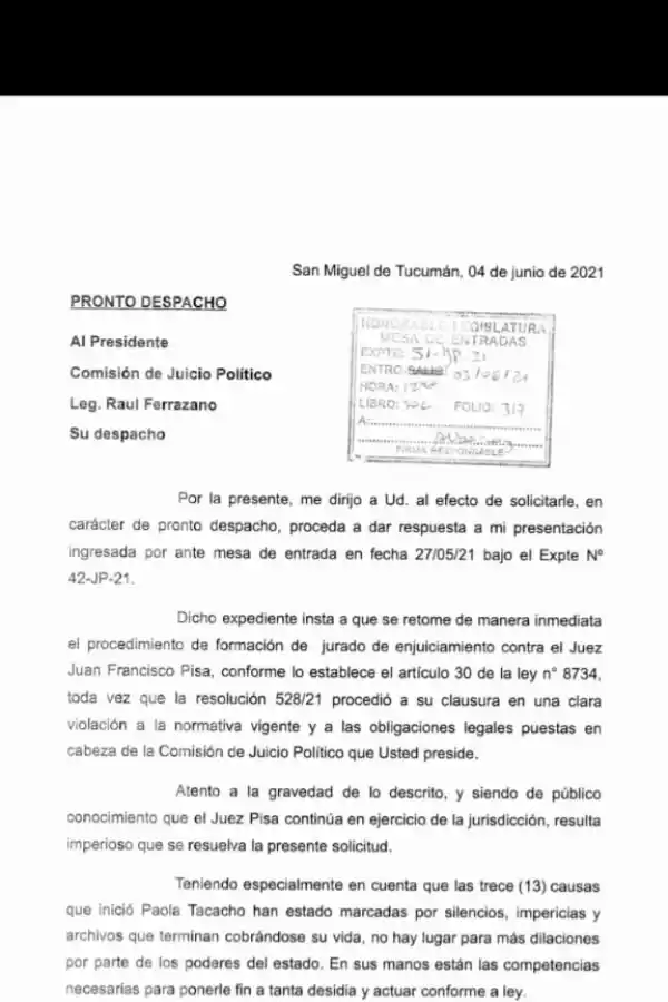 Causa Tacacho: piden a la comisión de Juicio Político que retome el proceso contra Pisa