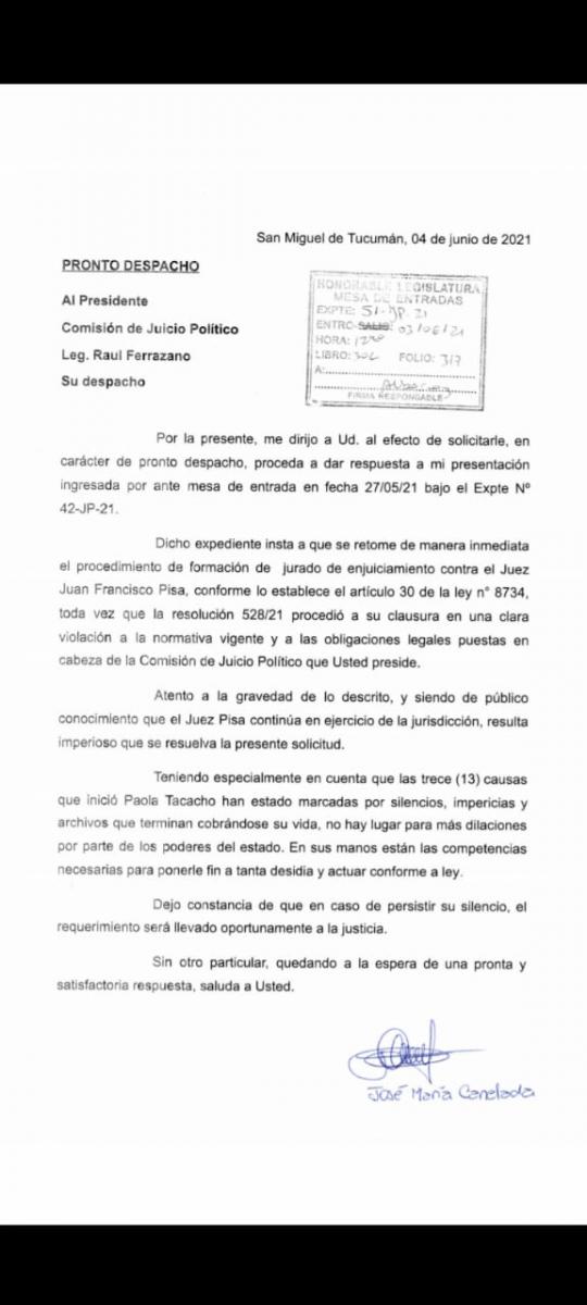 Causa Tacacho: piden a la comisión de Juicio Político que retome el proceso contra Pisa