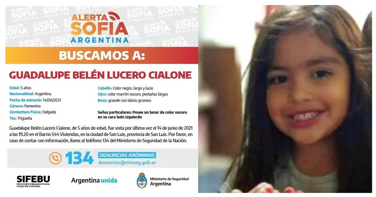 Alerta nacional por Guadalupe, la nena de 5 años que desapareció en San Luis