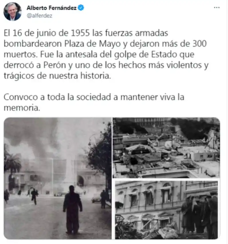 Alberto Fernández recordó el bombardeo a Plaza de Mayo
