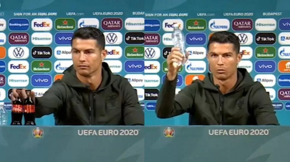 AGUA SI, COCA NO. Ronaldo quizá no dimensionó el alcance del cambio de las botellas en la ronda de prensa.  