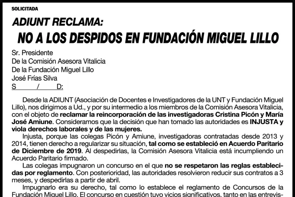 Adiunt reclama: no a los despidos en Fundación Miguel Lillo