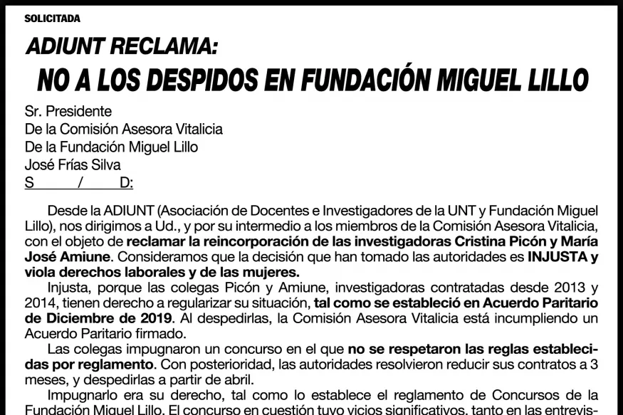 Adiunt reclama: no a los despidos en Fundación Miguel Lillo