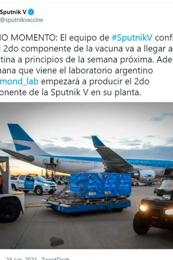 Sputnik V: enviarán dosis del segundo componente y Argentina también las fabricará