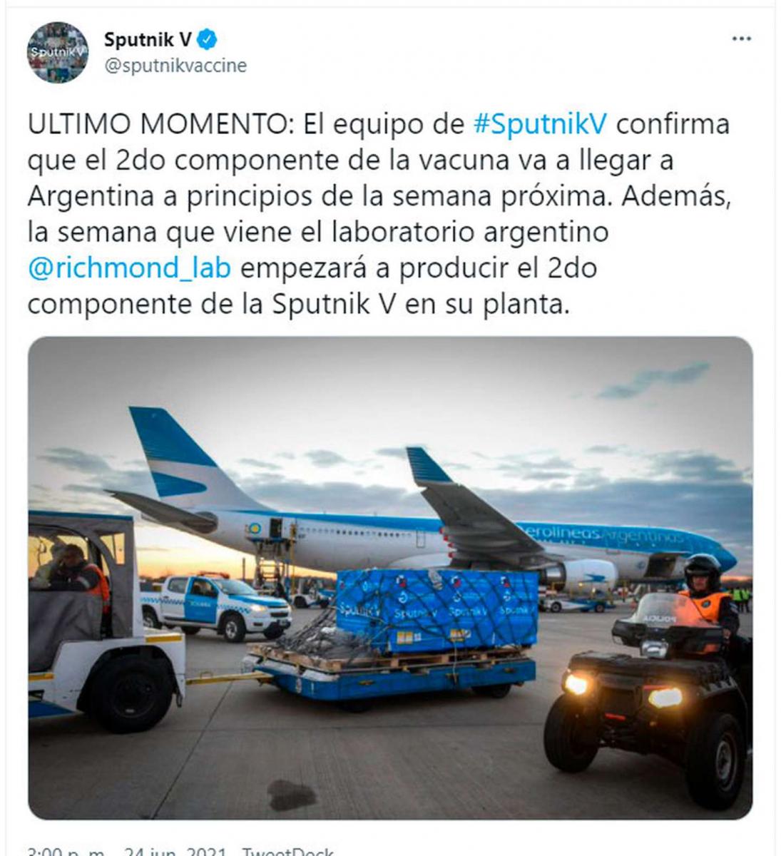 Sputnik V: enviarán dosis del segundo componente y Argentina también las fabricará