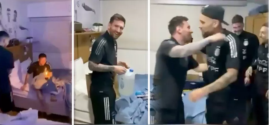 SECUENCIA. Messi es despertado con una pequeña porción de torta y velas encima. Luego, recibió los regalos de sus compañeros y los correspondientes saludos de cada uno de ellos.  