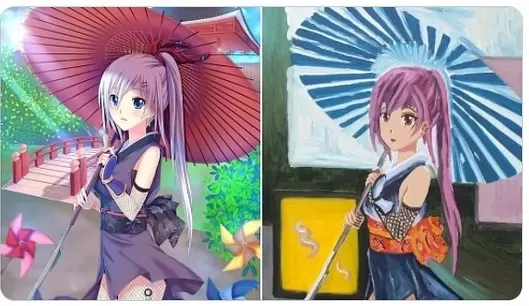 UNA Y OTRA. Pinturas de la líder política expuestas en el Museo Evita, fueron denunciadas en las redes sociales como un plagio del animé japonés.  