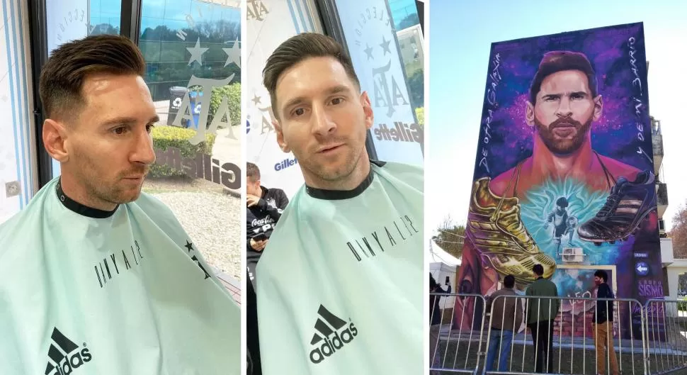 CENTRO DE ESCENA. Ayer, Lionel Messi pasó por la peluquería y mostró el nuevo look que mañana se verá en la cancha. En tanto, en Rosario, fanáticos de él inauguraron un mural en un barrio de la ciudad. @dany_ale_32