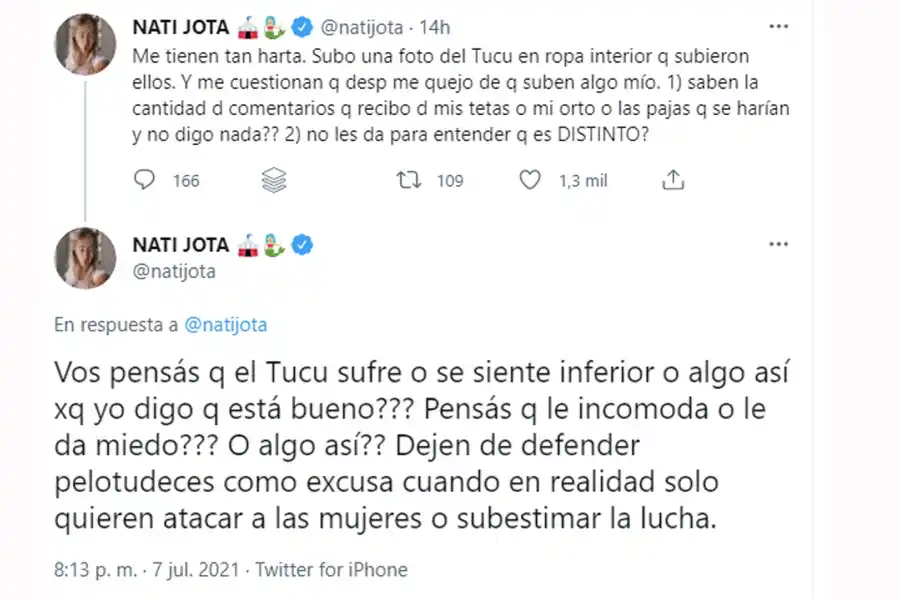 Por subir fotos de Tucu Correa en calzoncillos, acusaron a Nati Jota de cosificarlo