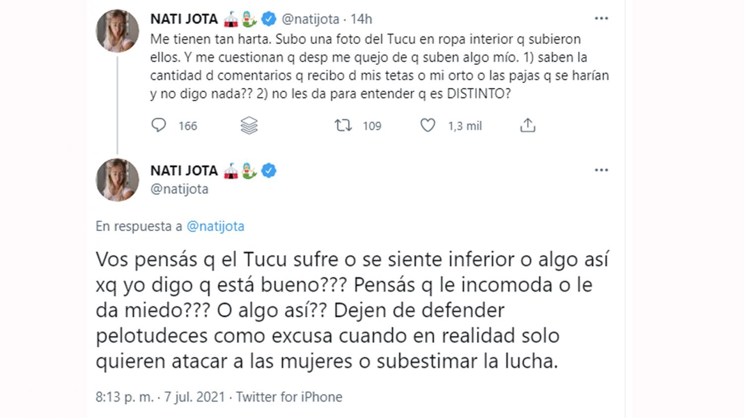 Por subir fotos de Tucu Correa en calzoncillos, acusaron a Nati Jota de cosificarlo