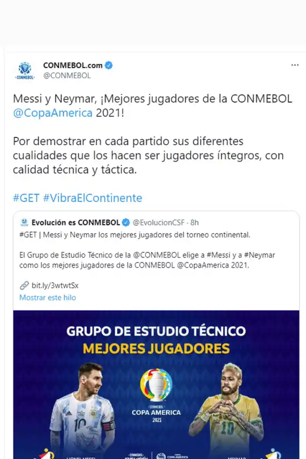 Messi y Neymar, elegidos como los mejores futbolistas de la Copa América