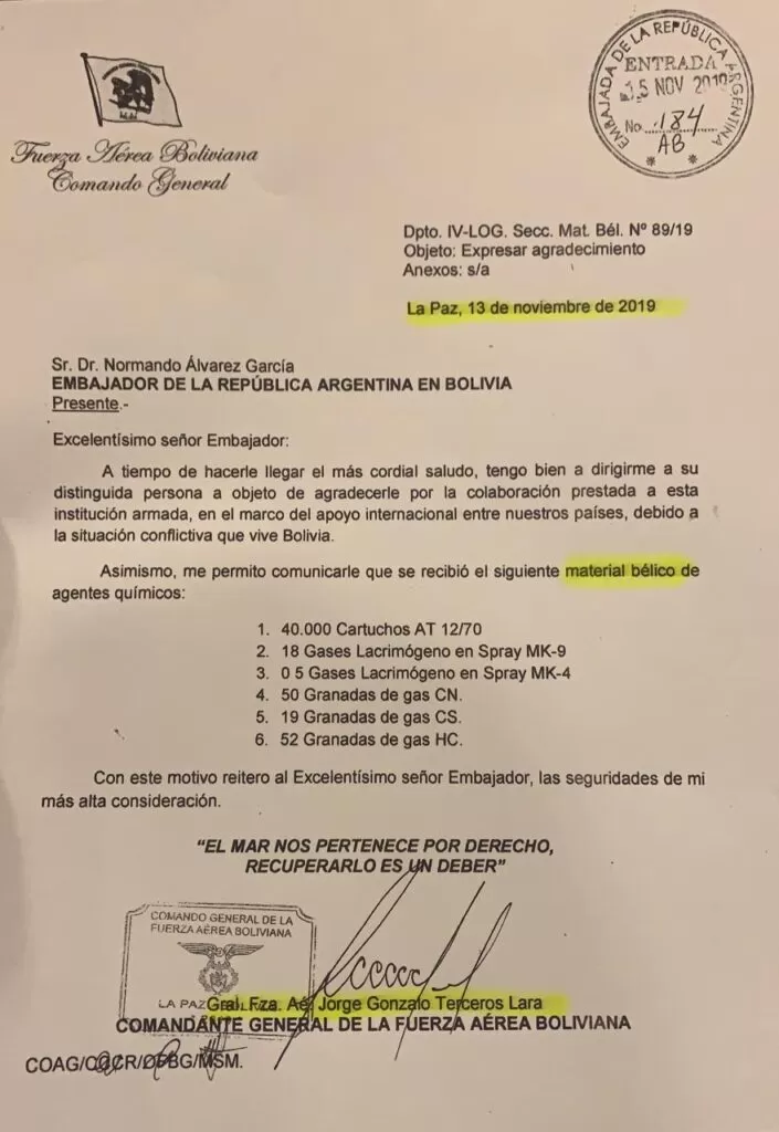 DENUNCIA. La carta firmada por Terceros Lara es la prueba que esgrime el gobierno de Bolivia. 