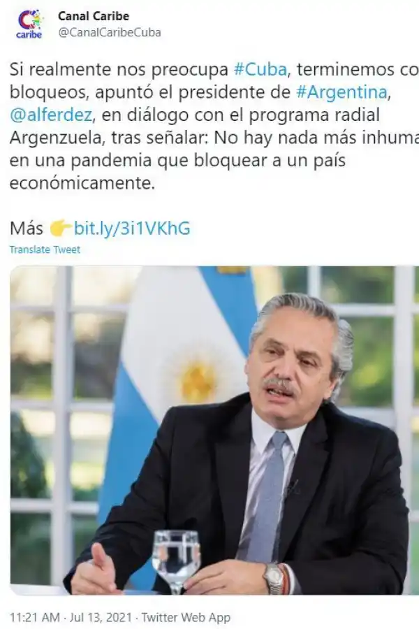La televisión oficialista de Cuba afirmó que Alberto Fernández apoyó al gobierno de Díaz-Canel