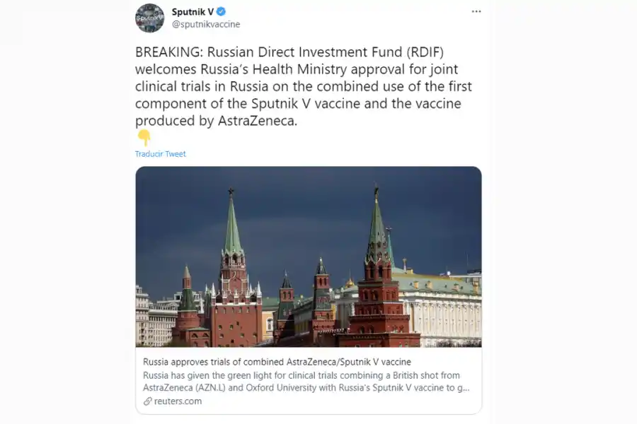 Rusia iniciará los estudios para combinar las vacunas Sputnik V y AstraZeneca