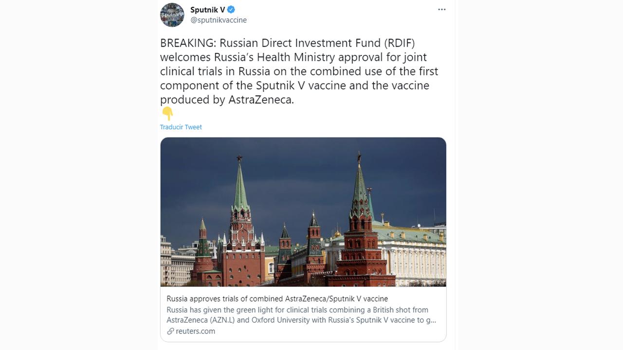 Rusia iniciará los estudios para combinar las vacunas Sputnik V y AstraZeneca
