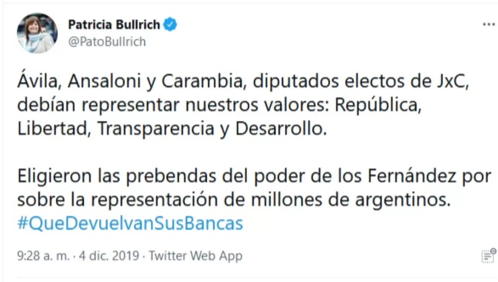 VIEJO CRICE. Bullrich se disculpó con Beatriz Ávila por habele exigido que devuelva la banca.