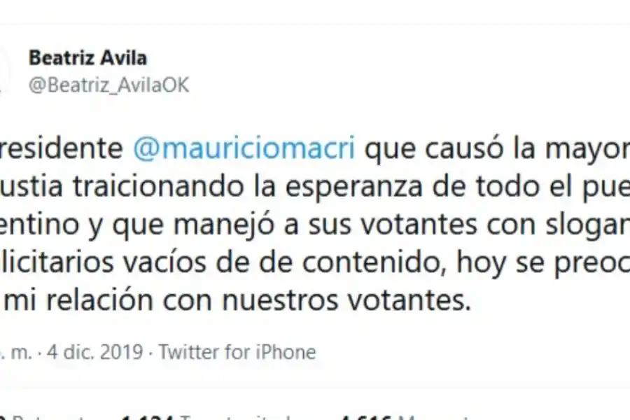 RESPUESTA. El tuit mediante el cual la diputada nacional Beatriz Ávila le había contestado a Patricia Bullrich.
