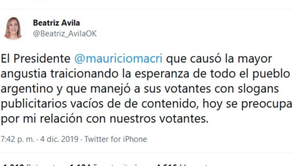 RESPUESTA. El tuit mediante el cual la diputada nacional Beatriz Ávila le había contestado a Patricia Bullrich.