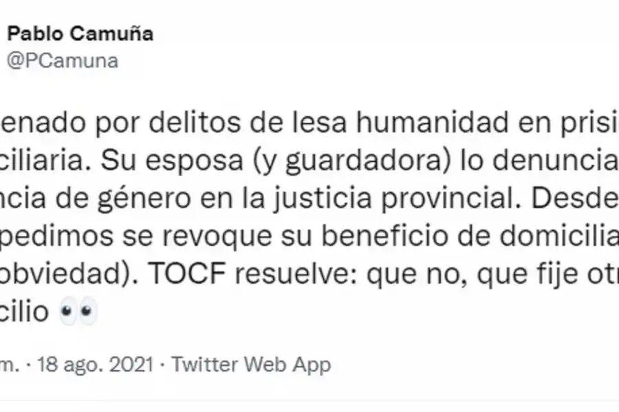 Un penado por delitos de lesa humanidad con arresto domiciliario fue denunciado por violencia de género