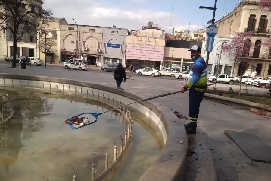 LIMPIEZA. Un empleado municipal retira un importante número de residuos de la fuente de la plaza.
