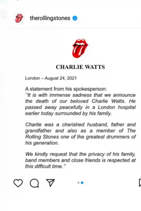 A los 80 años murió Charlie Watts, el baterista de los Rolling Stones