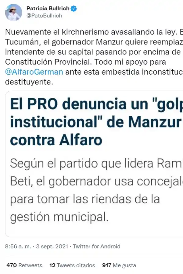 El apoyo de Patricia Bullrich a Germán Alfaro: Otra vez, el kirchnerismo avasallando la ley