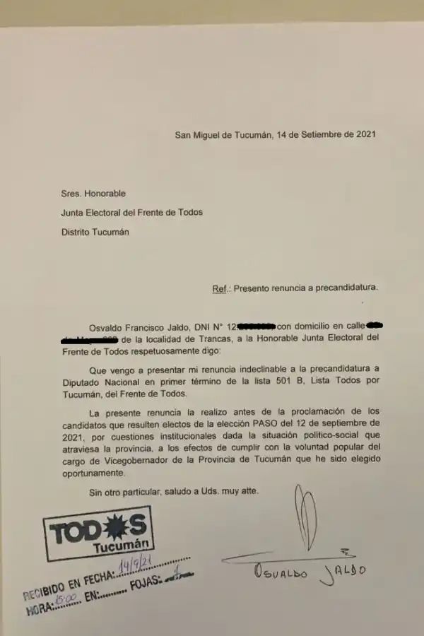 El documento de la renuncia de Jaldo. 