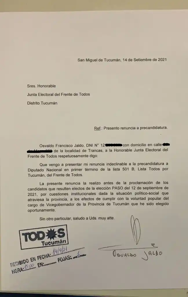 El documento de la renuncia de Jaldo. 